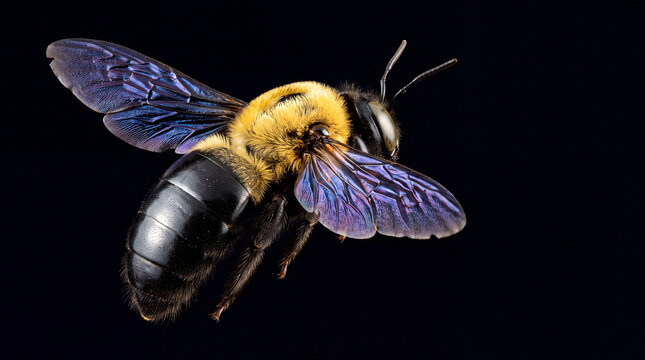 A detailed bumblebee captured in flight against a black background, featuring fuzzy yellow and black body textures and translucent blue toned wings.