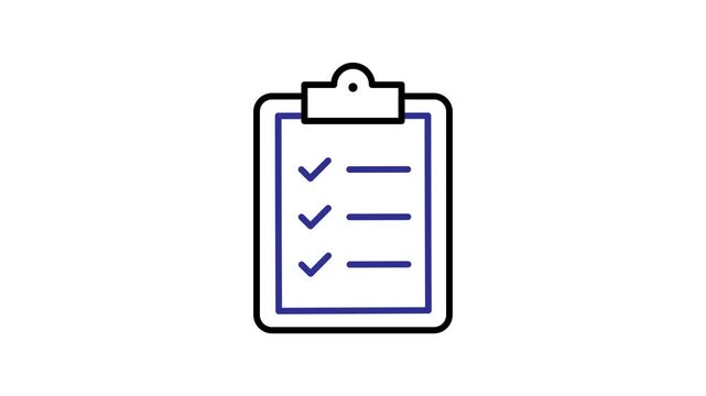 Office animated. Task checklist. Clipboard containing a task list with check mark. Management, team, marketing. Outline design style.