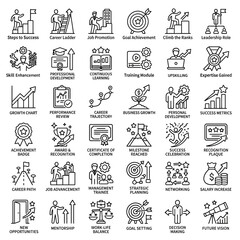 Fototapeta premium Professional Career Advancement and Success Growth Outline Icon Set Illustrating Workplace Development and Corporate Achievement Milestones
