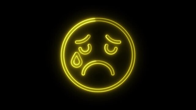 Neon yellow sad crying emoji icon with glowing light effect on dark background