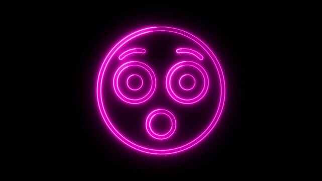 Neon glowing surprised emoji face with wide eyes and open mouth in purple light on a dark black background