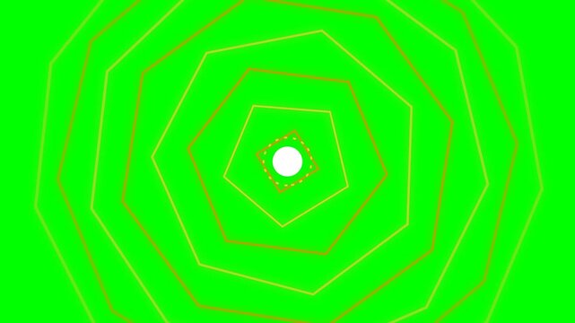 Concentric golden pentagon outlines forming a tunnel on a vivid green background