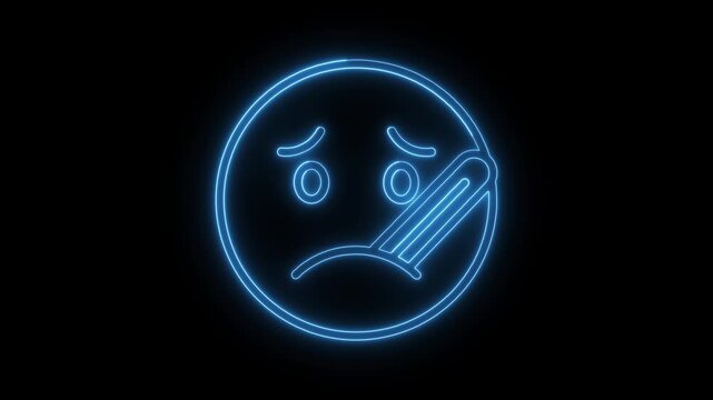 Sick neon blue emoticon icon with a thermometer for medical health and illness concept in dark background