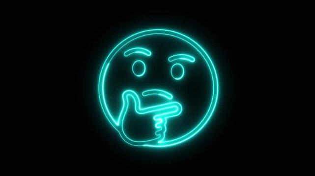 Neon blue thinking emoji icon with glowing light effect on dark background
