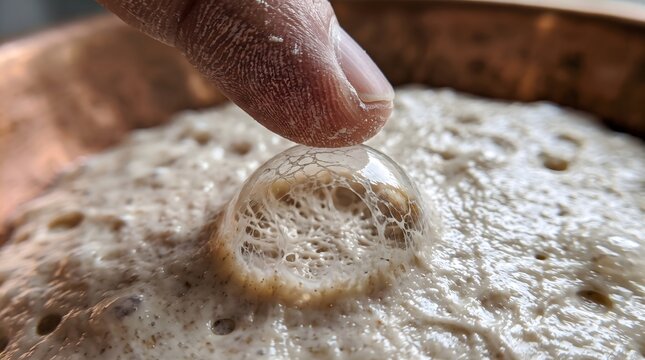 Finger touching delicate sourdough starter bubble. Close detail of active yeast fermentation process in kitchen, for artisan baking.