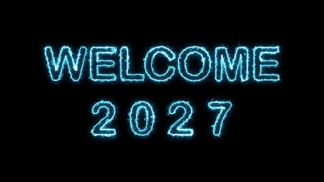Welcome 2027 neon glowing text with electric blue lightning effect on dark background for new year celebration