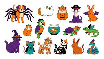 Fototapeta premium Set of cute cartoon pets wearing various halloween costumes including spider dog ghost guinea pig and witch cat illustrations
