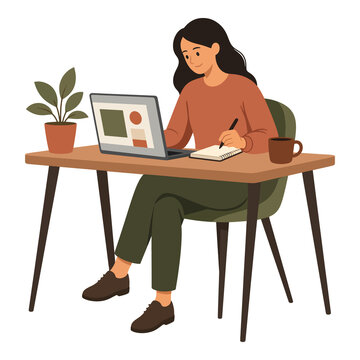 Woman working on laptop at desk vector illustration
