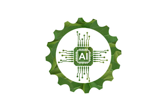 Green eco AI chip gear processor icon isolated white background