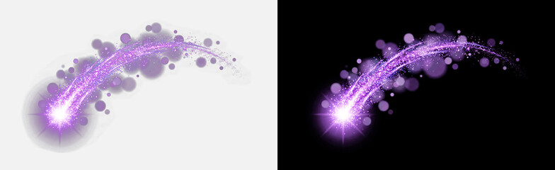 Purple glowing comet trail with sparkling stardust particles, magic light streak with bright star burst, abstract dust explosion effect, isolated on transparent background, glowing PNG overlay © Pixora