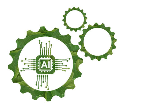 Eco green AI chip gear leaf technology icon white background