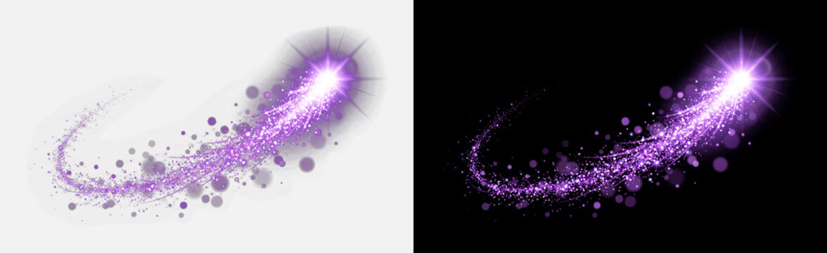Purple glowing comet trail with sparkling stardust particles, magic light streak with bright star burst, abstract dust explosion effect, isolated on transparent background, cosmic sparkle PNG overlay