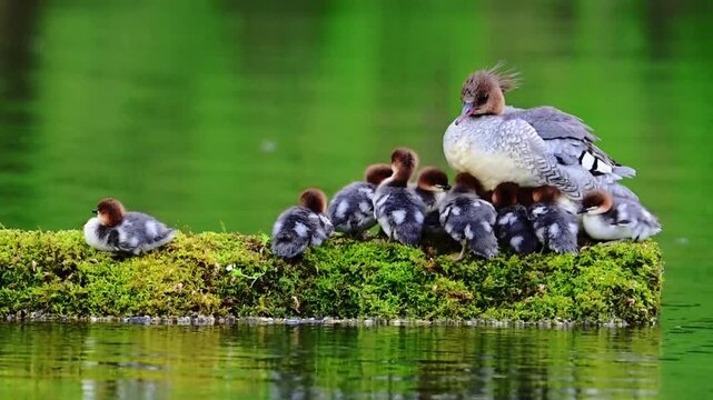Female Scaly-sided Merganser with Ducklings on Mossy Log