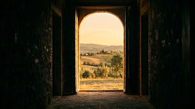 Arched stone doorway framing serene tuscan vineyard valley landscape under golden sunrise.