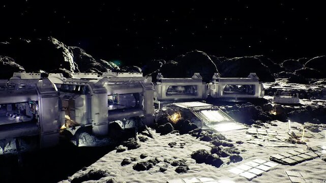 lunar cargo modules aligned along corridor, transport rover moving pallets between docks, cranes and walkway structures define industrial supply chain scene
