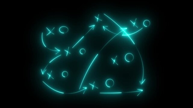 Glowing neon line American football plays - loop American football game plan diagram of Xs and Os offensive strategy. motion graphic of neon football play stadium concept.
