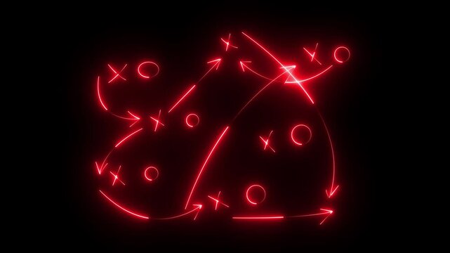 Glowing neon line American football plays - loop American football game plan diagram of Xs and Os offensive strategy. motion graphic of neon football play stadium concept.