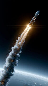 Modern transport rocket ascending into orbit with powerful fiery exhaust launching above planet Earth with city lights visible