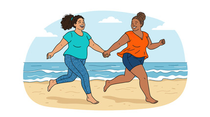 Two women holding hands and running on a beach
