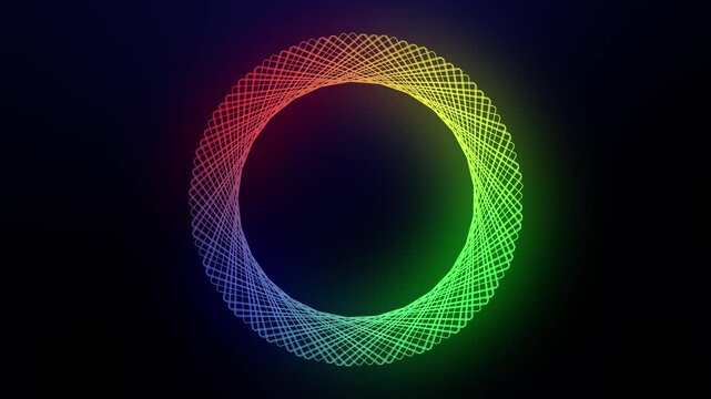 Glowing rainbow gradient geometric squares rotating into a circle on dark background. Ideal abstract motion graphic for creative modern designs.
