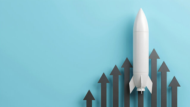 Conceptual model rocket launching over black ascending growth arrows on blue