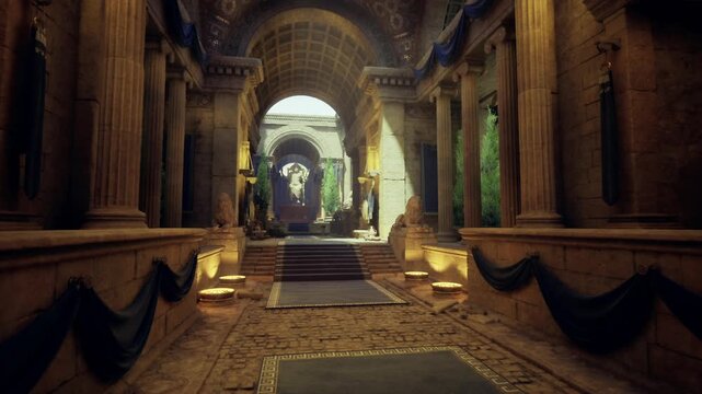 sunlit marble corridor with grand statues and blue carpet leading to archway, warm morning light, ornate pillars, carved lions, ceremonial atmosphere and subtle