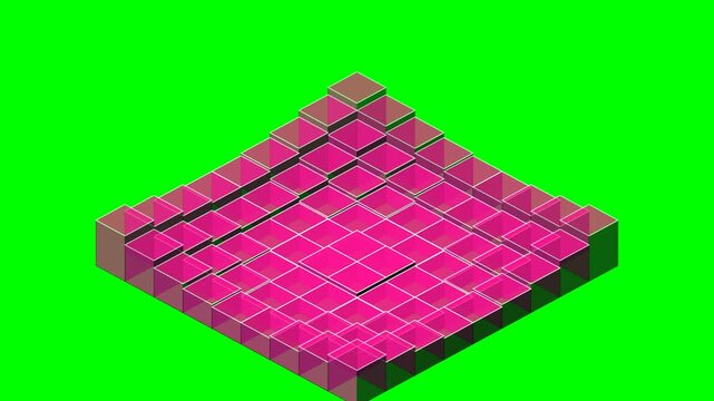 An isometric grid of pink translucent cubes against a bright green backdrop