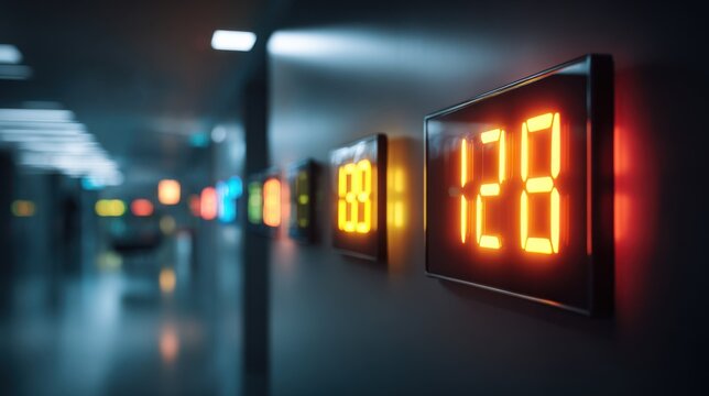 Focused medium shot on digital patient wait time visuals glowing brightly with calm command center background gently blurred to emphasize smooth workflow management.