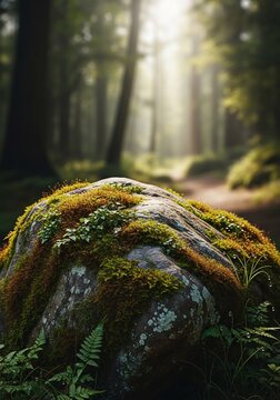 森の静寂、苔むした巨石に差し込む木漏れ日