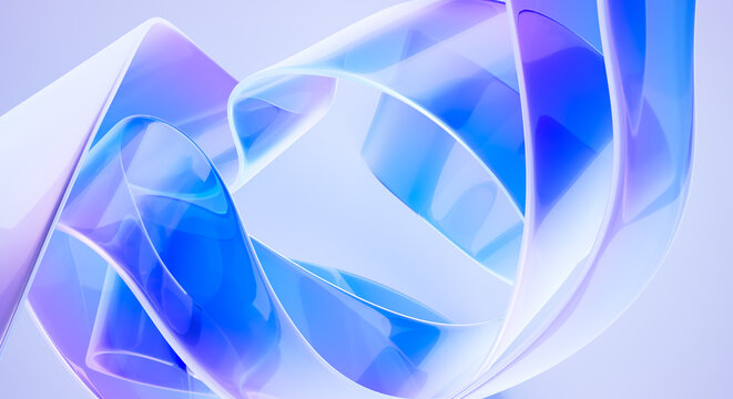 Abstract 3D Render of Flowing Glass Ribbons in Blue and Purple Gradient Translucent Curves on Light Background