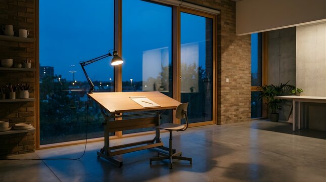 Architect drafting table with lamp in modern studio office at night