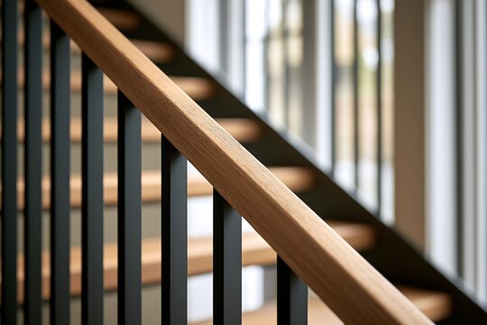 Detailed view of a modern staircase railing featuring a smooth natural wood handrail and sleek black metal vertical balusters, shallow depth of field