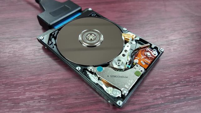 A close-up shot of the internal hard disk rotating to save data, connected via a high-speed port.