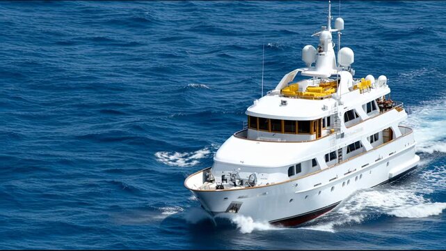 Luxury yacht sails on clear blue ocean during a sunny day near an unknown coastline