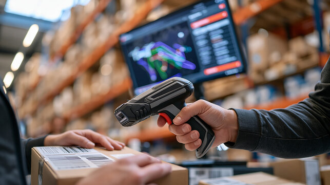 Stock clerk's close up hands under harsh midday warehouse sun filtering through a loading bay skylight, carefully scanning packages with a ruggedized barcode reader as a drone delivery routing map g