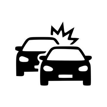 Black and white car crash accident illustration with smoke and impact damage