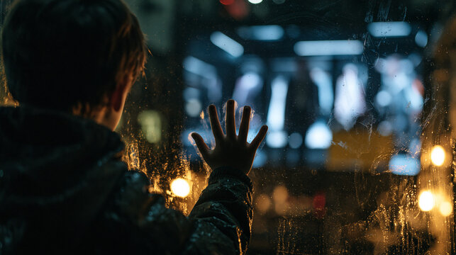 Young child in a rain-soaked alleyway watching a keynote presenter rehearse through a frosted glass conference room window, the child's small handprints on the wet glass framing the sustainable fash