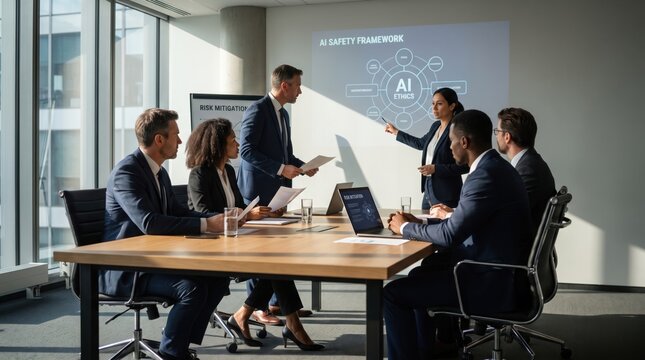 Business meeting artificial intelligence presentation in a modern office featuring a professional team discussing strategy and ai ethics.