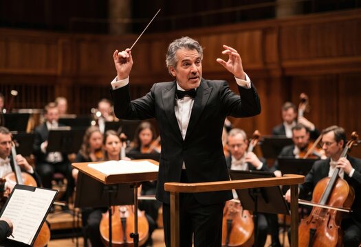 A conductor leads the orchestra playing classical music in a grand concert hall from his podium.