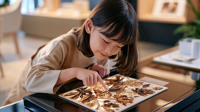 A child in a luxury interior leans toward a lacquered display table where an intricate pyrography wood-burned packaging prototype rests, fingertip hovering above the scorched botanical motif in wide