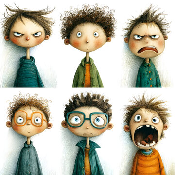 Young boys expressing a range of emotions including anger, surprise, worry, and screaming, showing different childish facial expressions with messy hair and big glasses