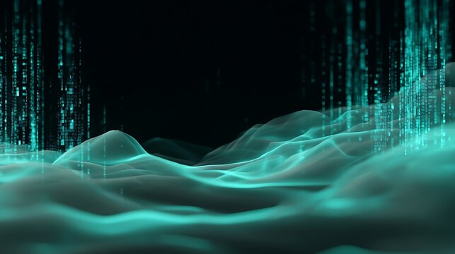 A futuristic, digital landscape with a matrix-like pattern of glowing, flowing lines and waves, set against a dark, abstract background.