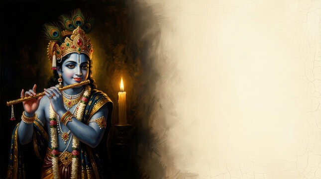 Lord krishna playing a flute beside a lit candle with a textured beige copy generated using ai