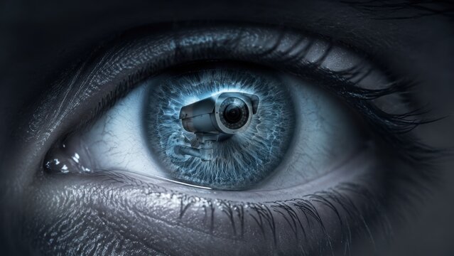 A close up shot of a human eye with a security camera and digital surveillance reflection.