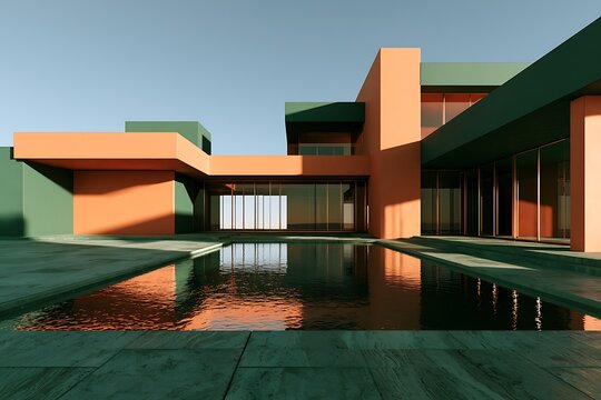 Modern architectural villa with geometric orange and green exterior walls, large glass windows, and a reflective swimming pool at sunset
