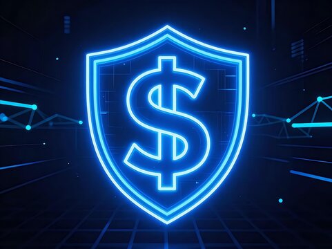 Neon shield and dollar sign representing digital financial protection and cybersecurity.