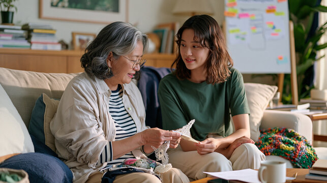 A family in a modest living room passes a tatting lace shuttle between grandmother and teenage daughter while a product management roadmap is sketched on a whiteboard beside them, the needle craft a