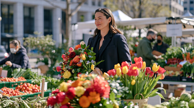A forensic pathology specialist emerges from a nondescript civic building into a bright open farmers market, the incongruous transition from institutional work to vivid everyday life captured mid-st