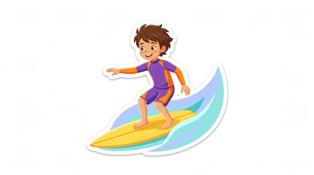 Energetic young boy surfing on a vibrant surfboard vector illustration isolated on white