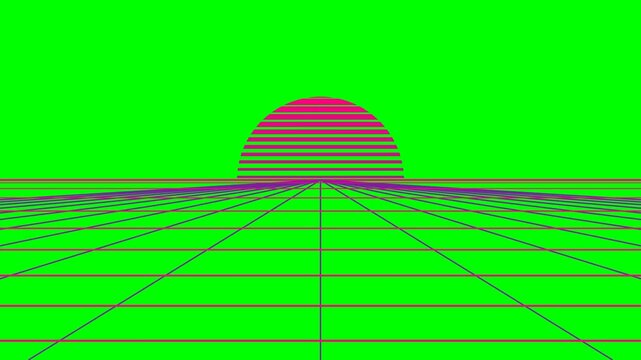 A vibrant synthwave landscape featuring a striped sun over a digital grid